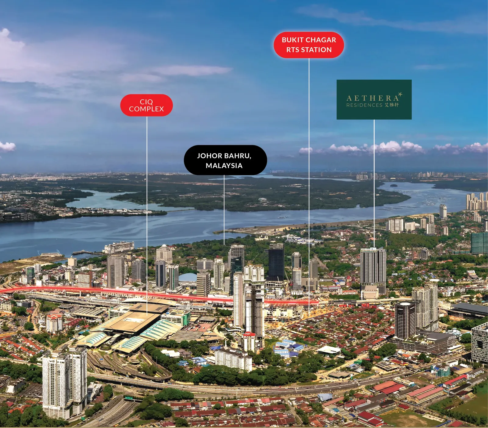 Aerial view of Aethera Residences, Bukit Chagar RTS Station and Johor Bahru